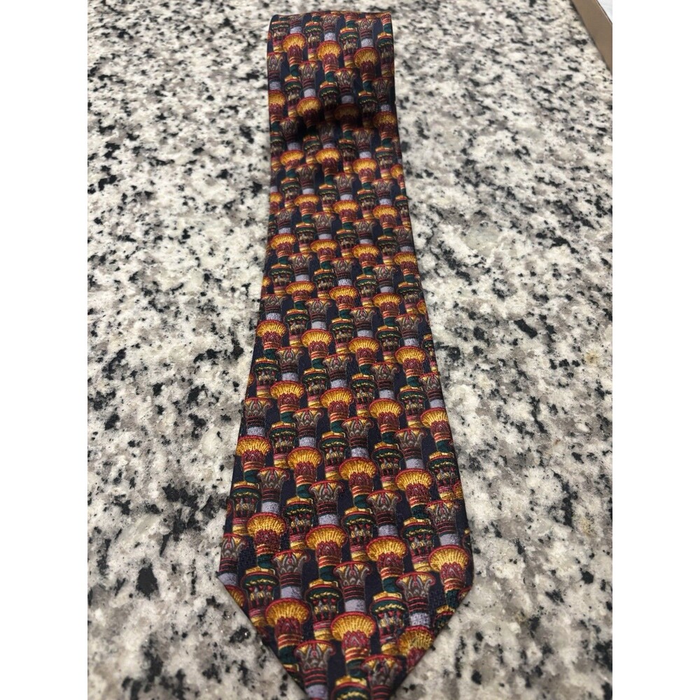 VTG Burberrys Tie Mens OS Columns Navy Gold Made in France